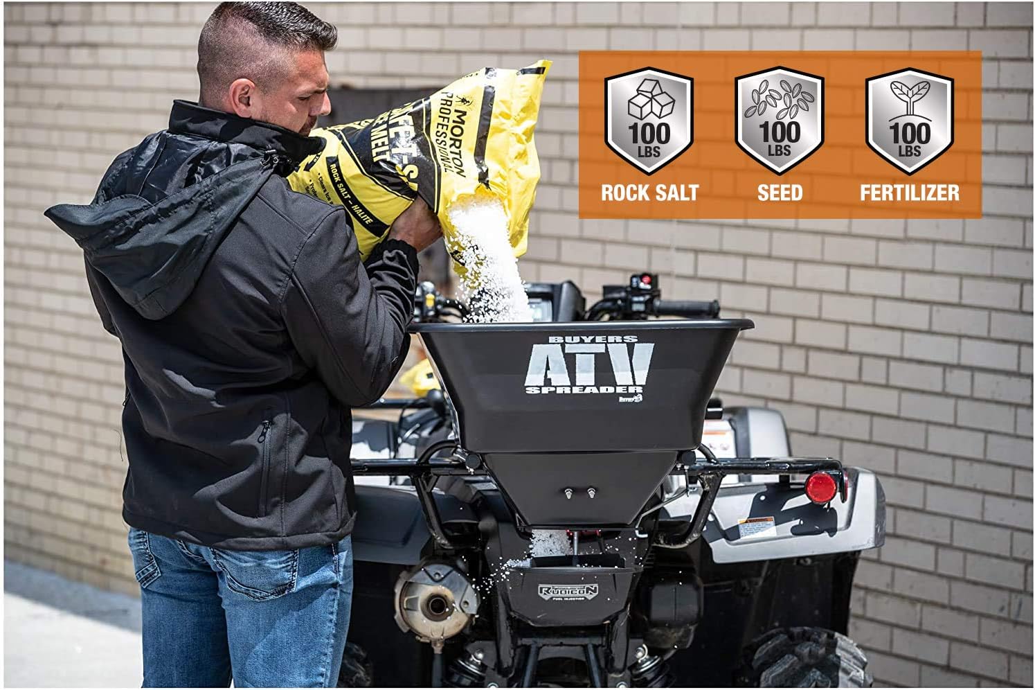 Buyers Products ATVS100 ATV Broadcast Spreader with Rain Cover, 100 lb Capacity, Rear Rack Mount, Poly Hopper, 12V Motor, for Seed, Fertilizer