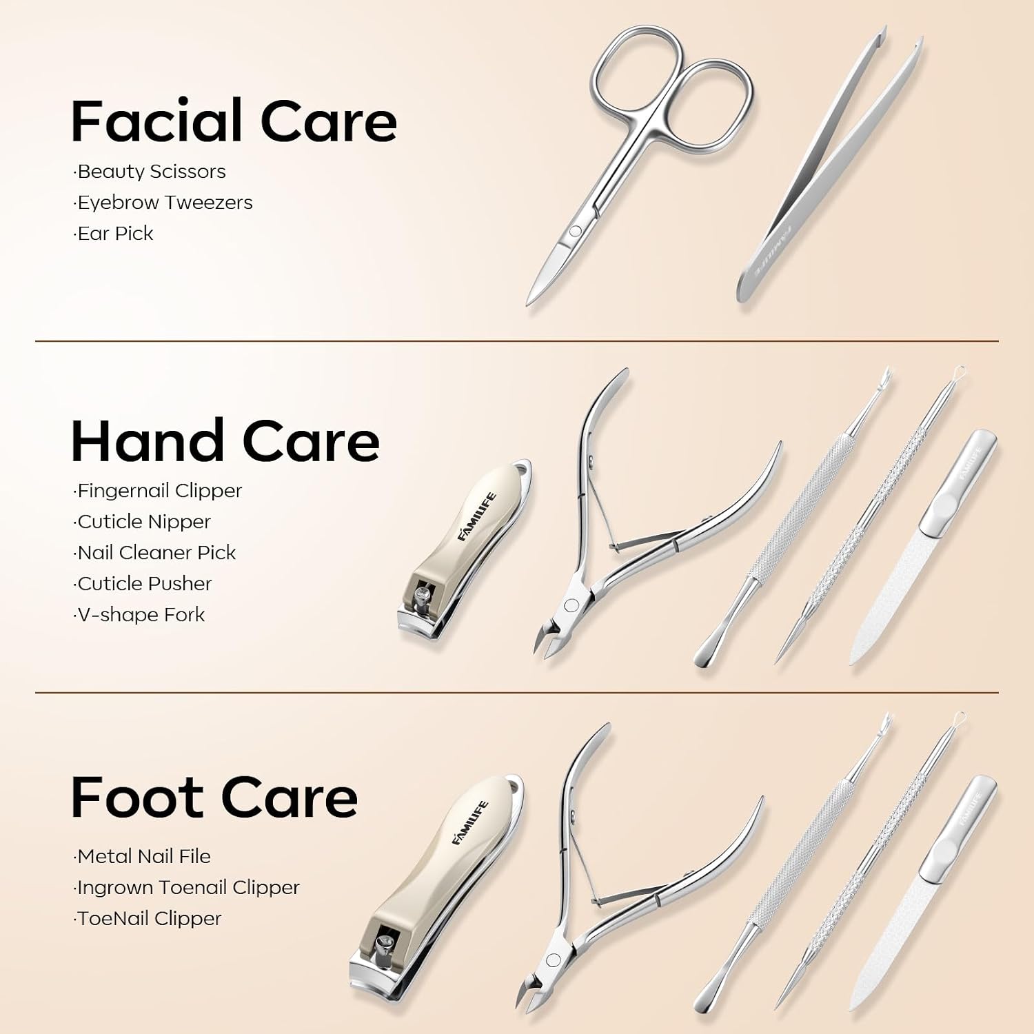 FAMILIFE Stainless Steel Manicure Set 11-in-1 Professional Nail Clipper Kit