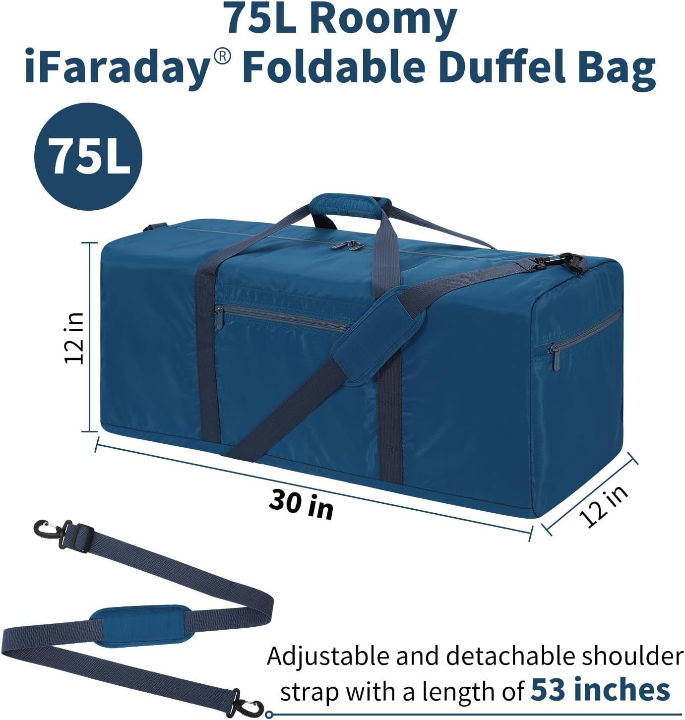 iFARADAY Foldable Duffel Bag Lightweight, 30 inch / 75L, Royal Blue