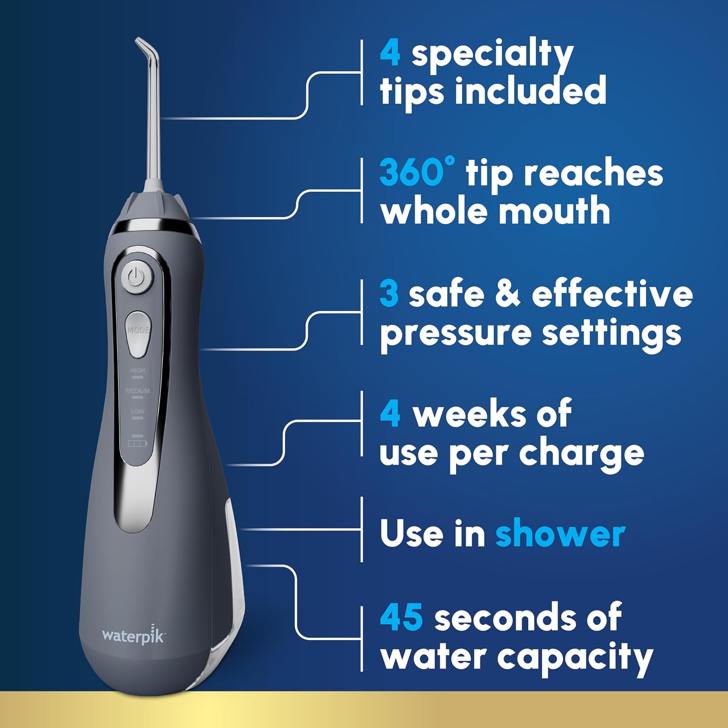 Waterpik Cordless Advanced Portable Water Flosser, Rechargeable, Black | 3 Settings, 4 Tips, Travel Bag, for Gums, Teeth, Dental Braces, Implants, Shower Use ADA Accepted WP-582 Packaging May Vary