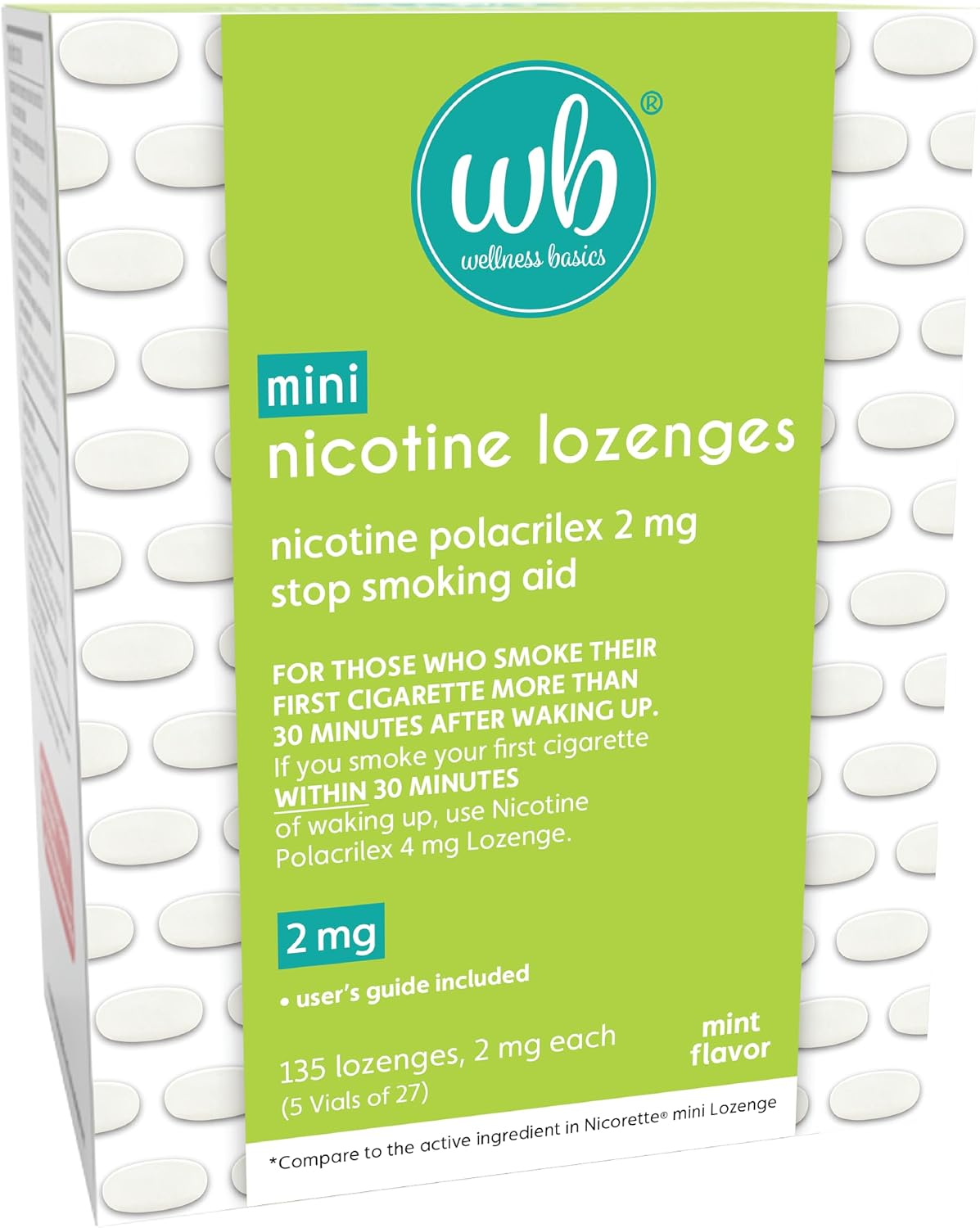 Wellness Basics Mini Nicotine Lozenge 2mg | Stop Smoking Aid | Mint Flavor | 135 Count | Pack of 5 Vials | Reduces Cravings & Withdrawal Symptoms