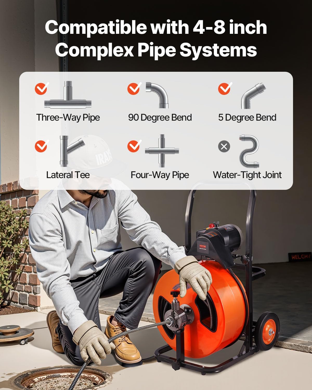VEVOR 100FT x 3/4 Inch Drain Cleaner Machine Sewer Auger Auto Feed with 4 Cutter & Air-Activated Foot Switch for 4" to 8" Pipes, Orange, Black