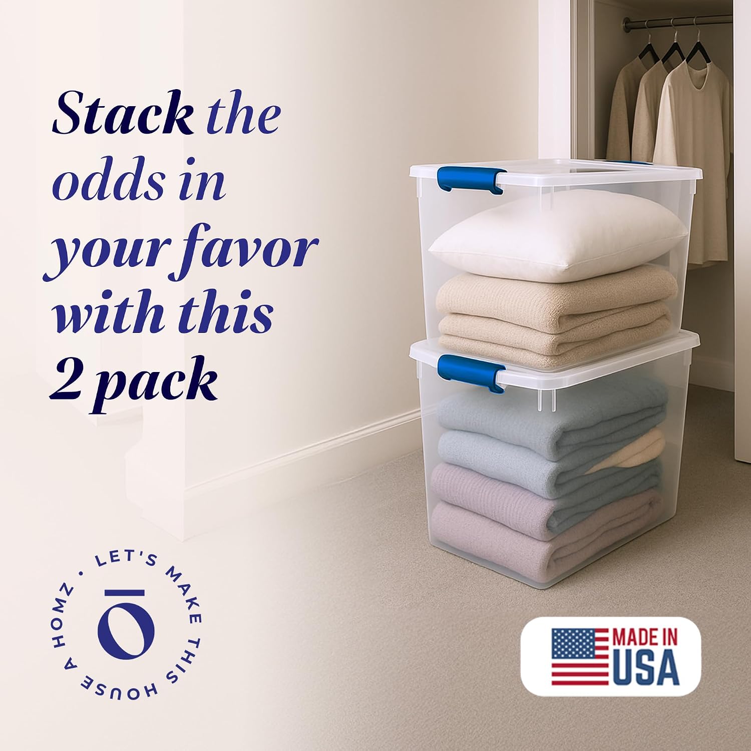 HOMZ Clear Plastic Storage Bins with Latching Lid, 15.5 Qt, Blue, 4 Pack | Stackable Container Set for Home, Office Shelves, Kitchen, Garage, and Bathroom Organization