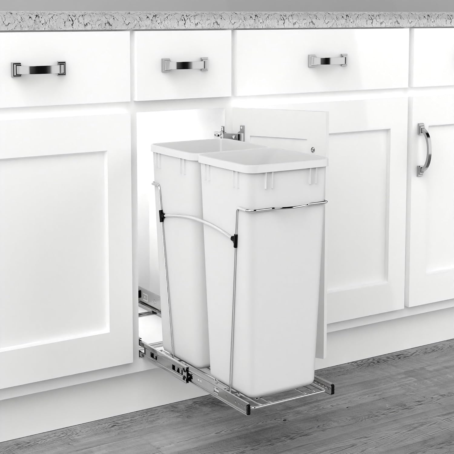 Rev-A-Shelf Double 27 Qt Pullout Trash Can for Base Kitchen Cabinets, Garbage Waste Bin System with Full Extension Slides, Min Opening Width of 11.5", Metallic Silver, RV-15KD-17C S