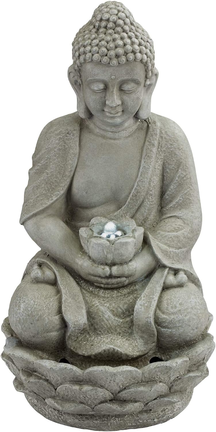 Meditating Buddha 24" High Outdoor Indoor Large Bubbler Fountain with Light | Zen Asian Decor Resin Floor LED Standing Water Feature for Outside Garden Patio Yard Backyard Porch Deck