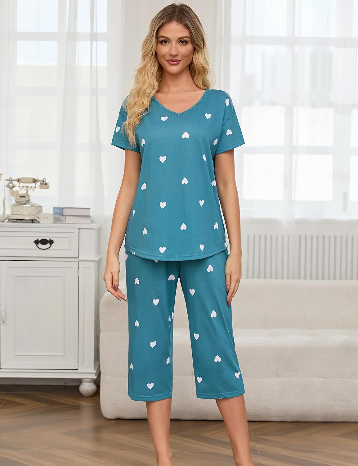 ENJOYNIGHT Womens Pajama Set Cotton Summer Pj Top with Capri Pant Sleepwear