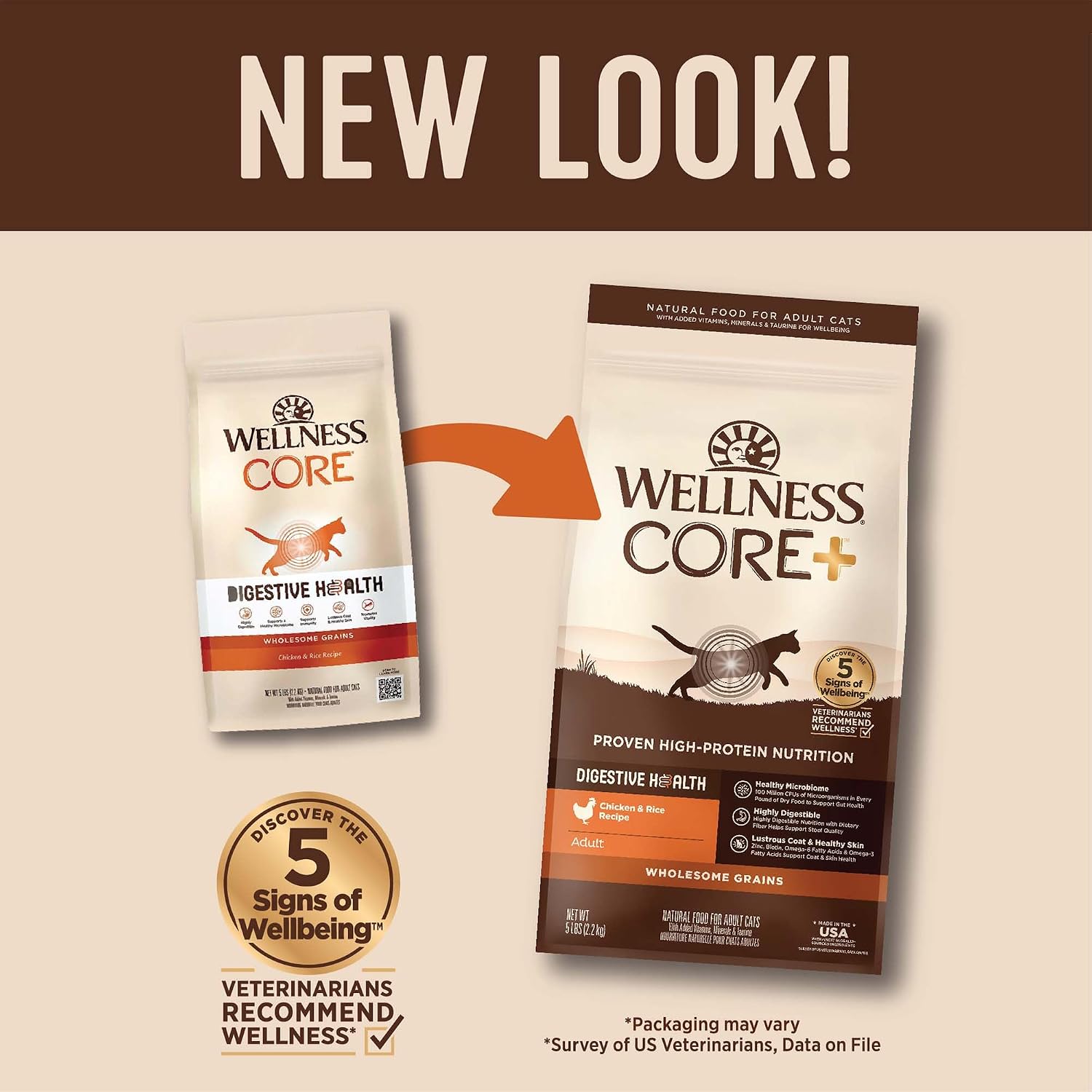 Wellness CORE+ Adult Dry Cat Food, Natural, Wholesome Grains Kibble, Digestive Health Chicken and Rice Recipe, 5 lb Bag