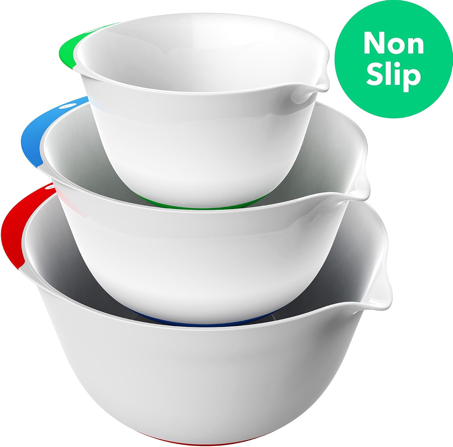 Vremi 3 Piece Plastic Mixing Bowl Set - Nesting Mixing Bowls with Rubber Grip Handles Easy Pour Spout and Non Slip Bottom - Three Sizes Small Large