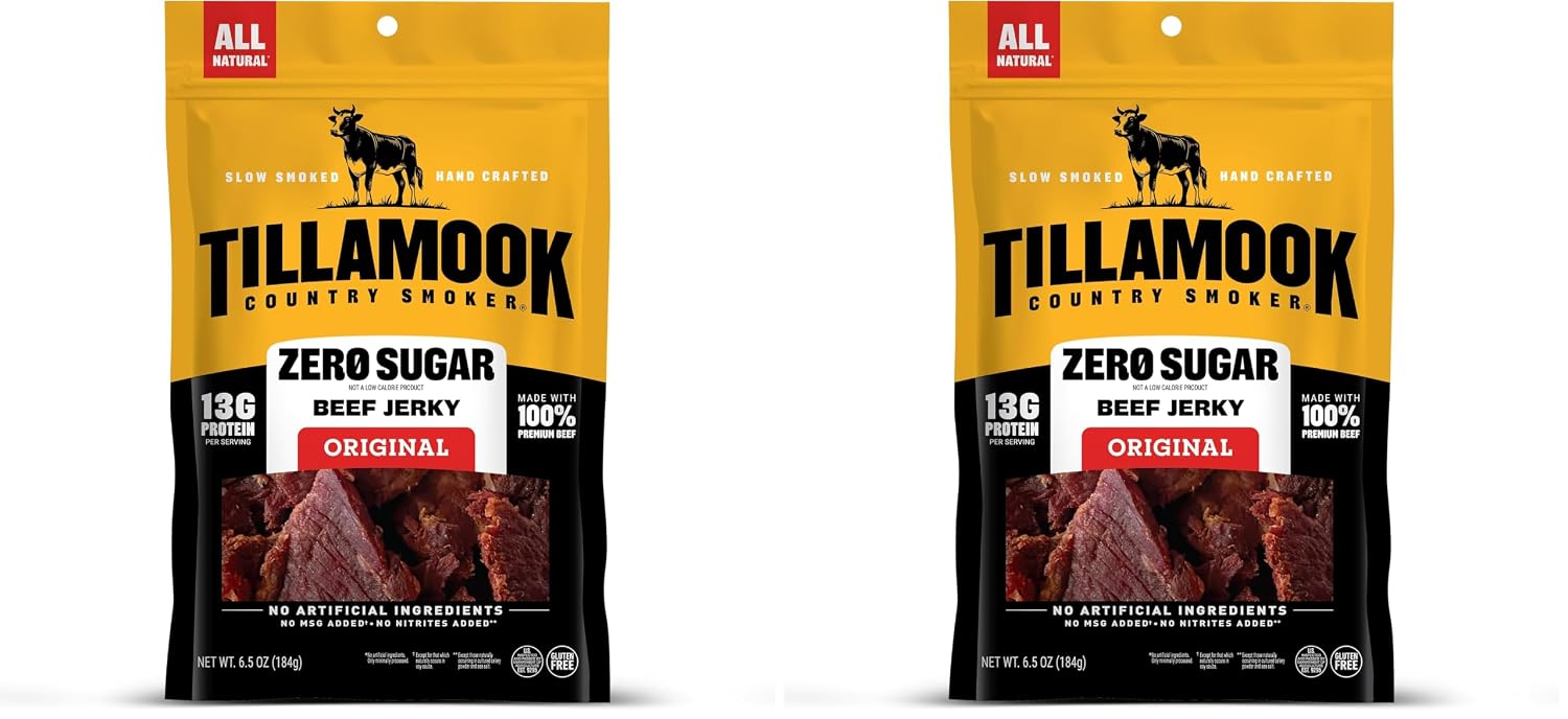 Tillamook Country Smoker Zero Sugar Original Beef Jerky Sticks, 6.5 Oz, 14g Protein, Real Hardwood Slow-Smoked, High Protein, Low Carb Meat Snacks, Keto-Friendly, 0g Sugar & Total Carbs