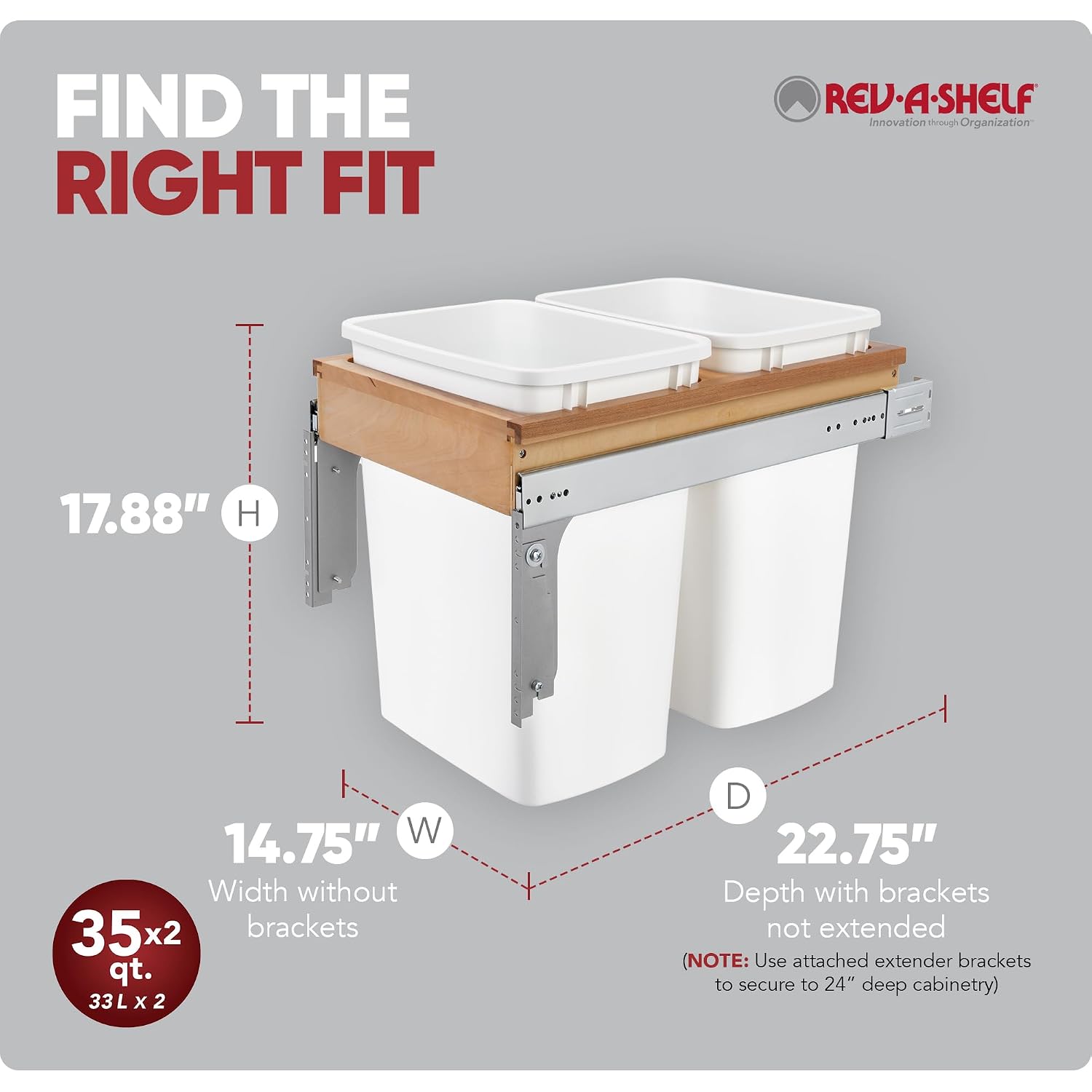 Rev-A-Shelf 35 Qt Top Mount Double Pullout Under Cabinet Kitchen Trash Cans for Base Cabinets, 150 Pound Rated Full-Extension Slides, Min Opening Width of 14.75", White, 4WCTM-18DM2-162