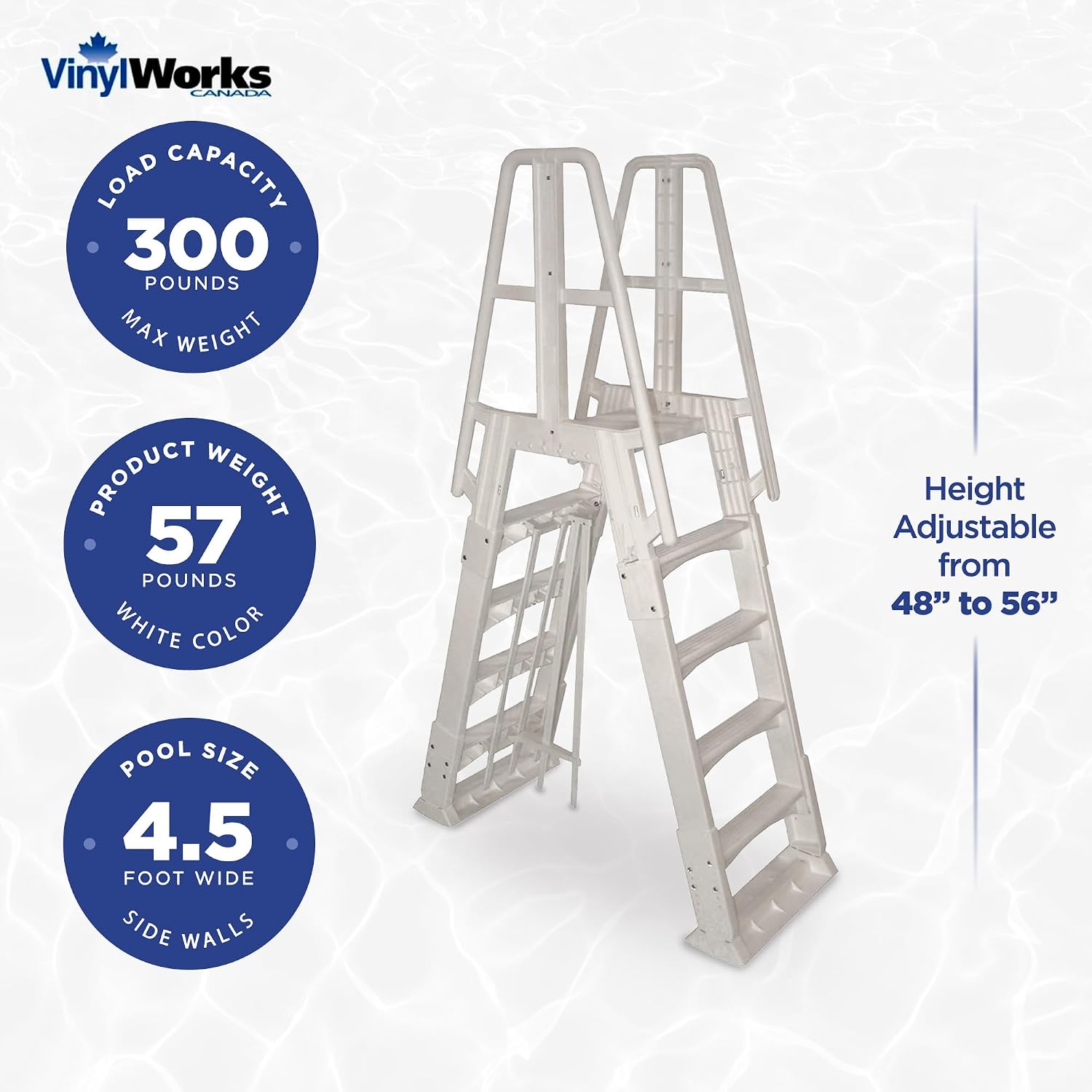 SLA A-Frame 48 to 56 Inch Adjustable Above Ground Swimming Pool Ladder Entry System with Slide Lock Barrier and Handrails, White