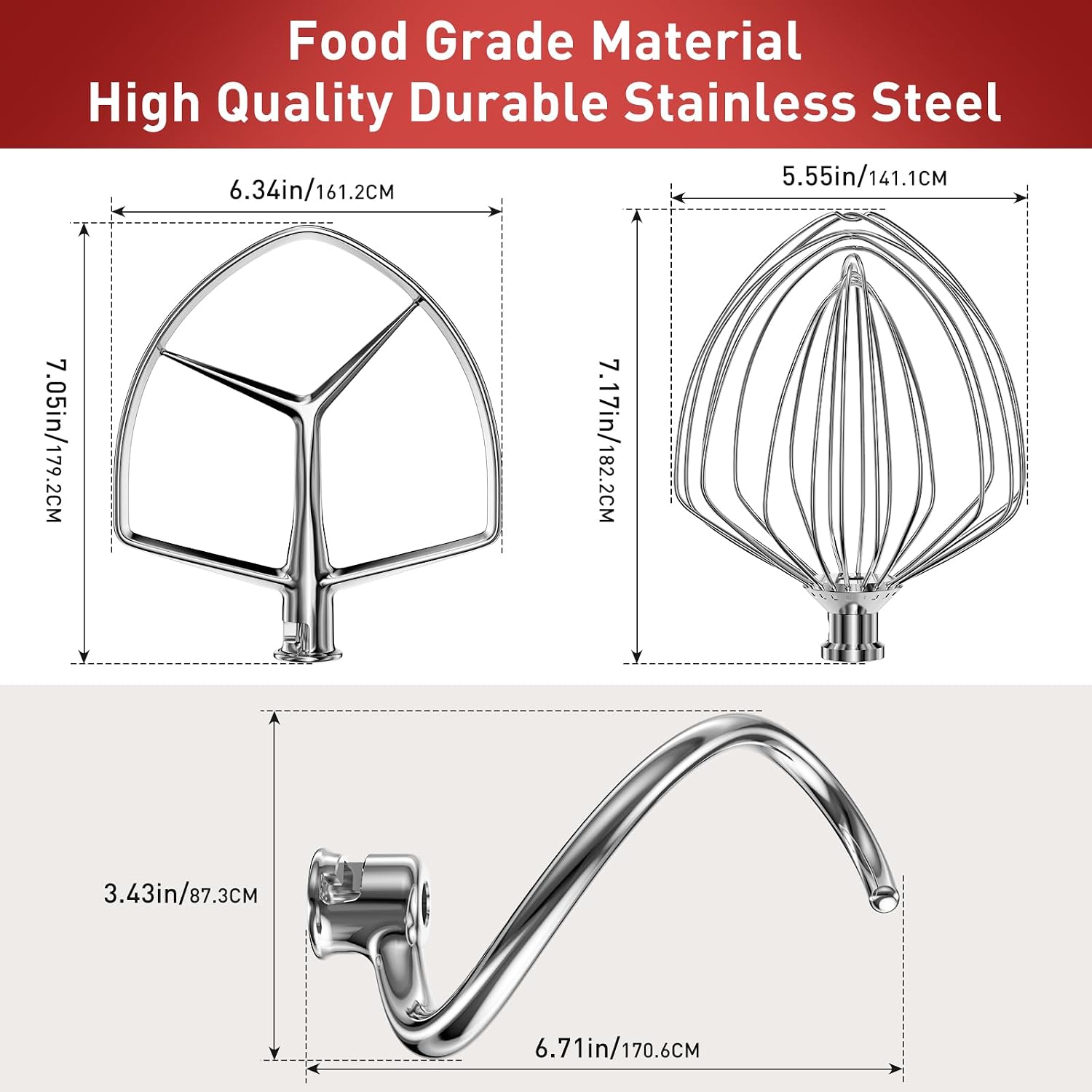 Stainless Steel Stand Mixer Attachments 3-Piece (4.5-5QT Flat Beater, 4.5-5QT Dough Hook, K45WW 6-Wire Whip Attachment) for KitchenAid Tilt-Head Stand Mixer and 4.5-5 Quart Bowl, Dishwasher Safe