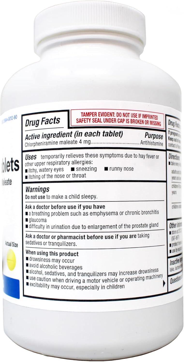 Major Allergy Tablets, Chlorpheniramine Maleate 4 mg, Antihistamine 4 Hour, 1000 Tablets
