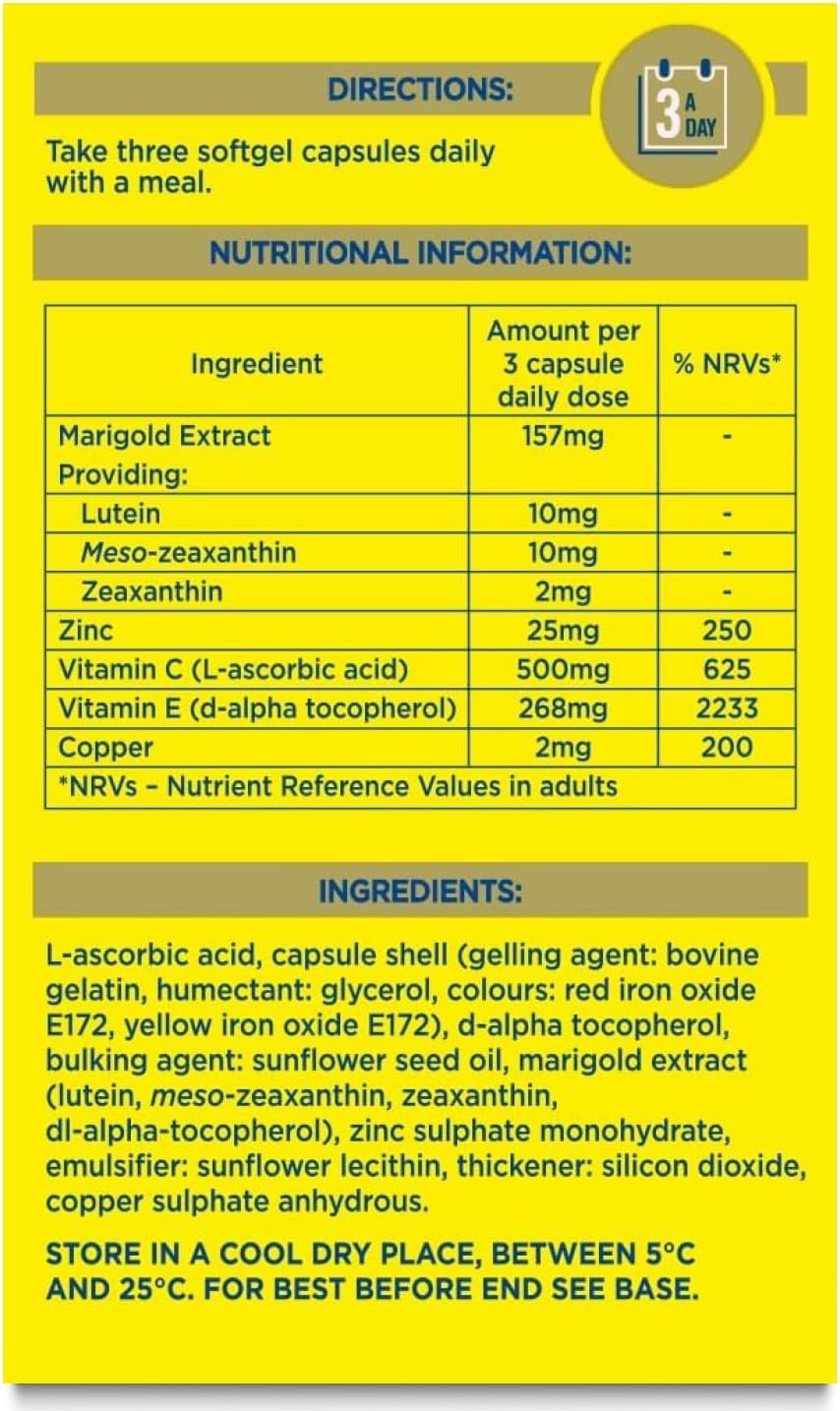 Macu Shield Gold Food Supplement - Pack of 90 Capsules | Helps support normal vision, Zeaxanthin and meso-zeaxanthin, Zinc