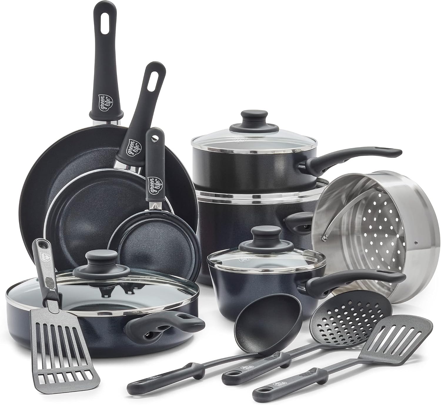 GreenLife 16 Piece Ceramic Nonstick Pots & Pans Cookware Set, Turquoise | PFAS-Free Ceramic Nonstick, Stockpot, Frying Pans, Saucepans, Sauté Pan, Stay-Cool Handles, Dishwasher & Oven Safe up to 350F