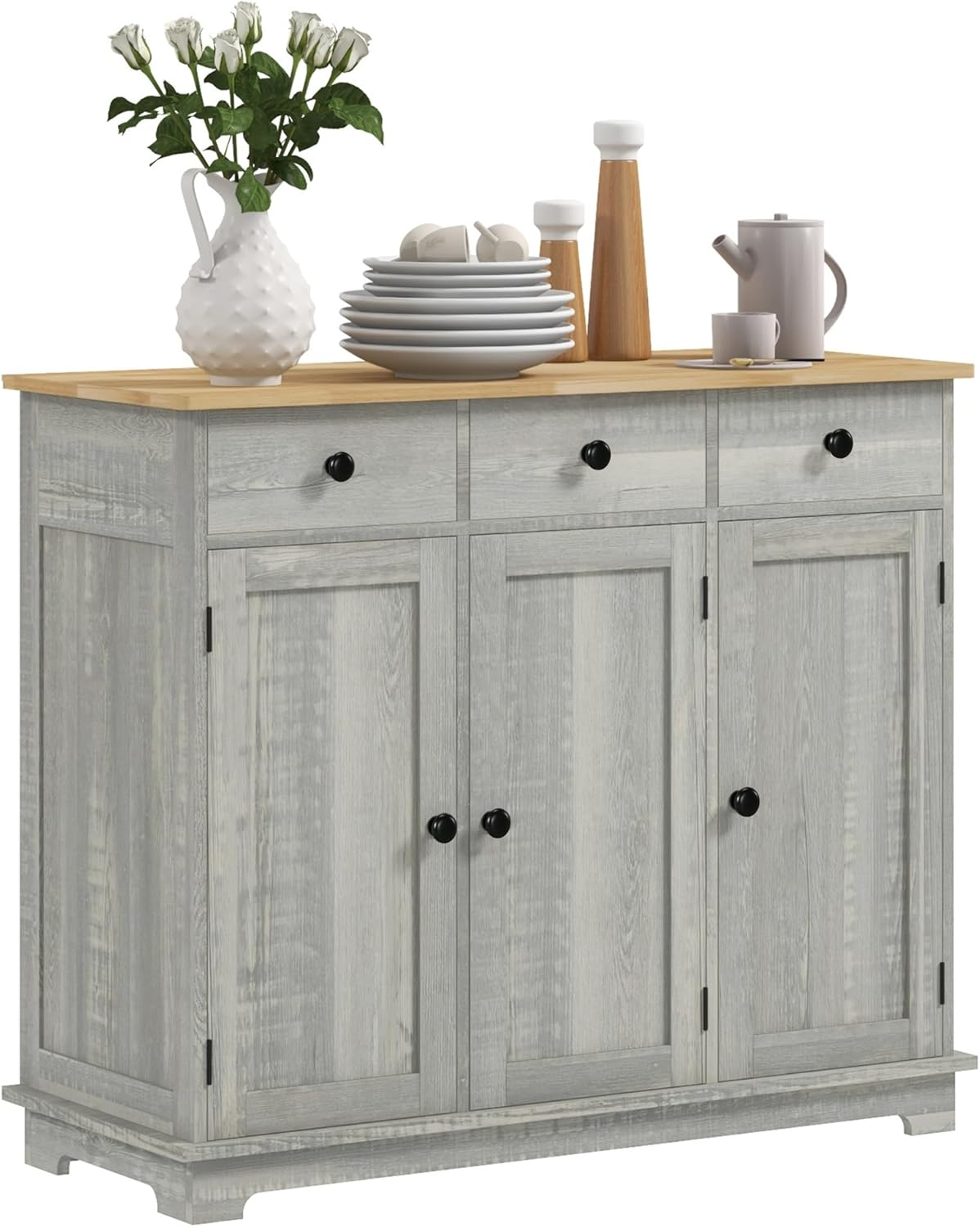 HOMCOM Sideboard Buffet Cabinet Solid Wood Countertop White