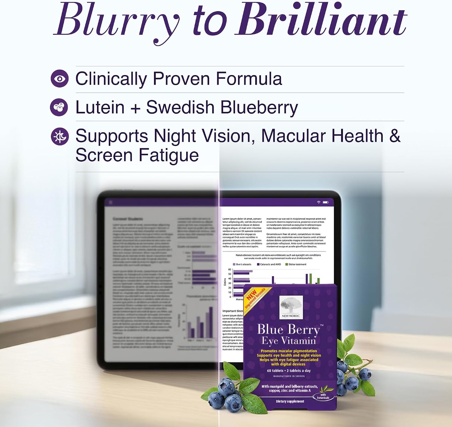 NEW NORDIC Blue Berry Eye Vitamin Supplement Daily Vision Support - 120 Ct. | Daily eye health supplements formulated with lutein and Swedish wild blueberries for simple integration into your routine