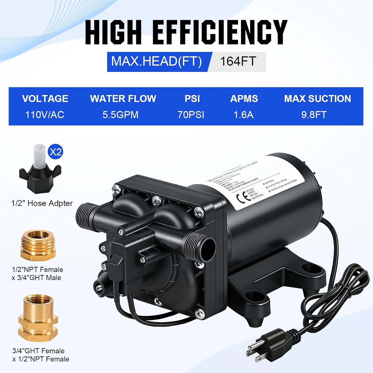 ECO-WORTHY 110V AC Fresh Transfer Diaphragm Water Pump On Demand 5.5GPM 70PSI High Pressure Water Booster Pump 110 Volt with Pressure Switch for