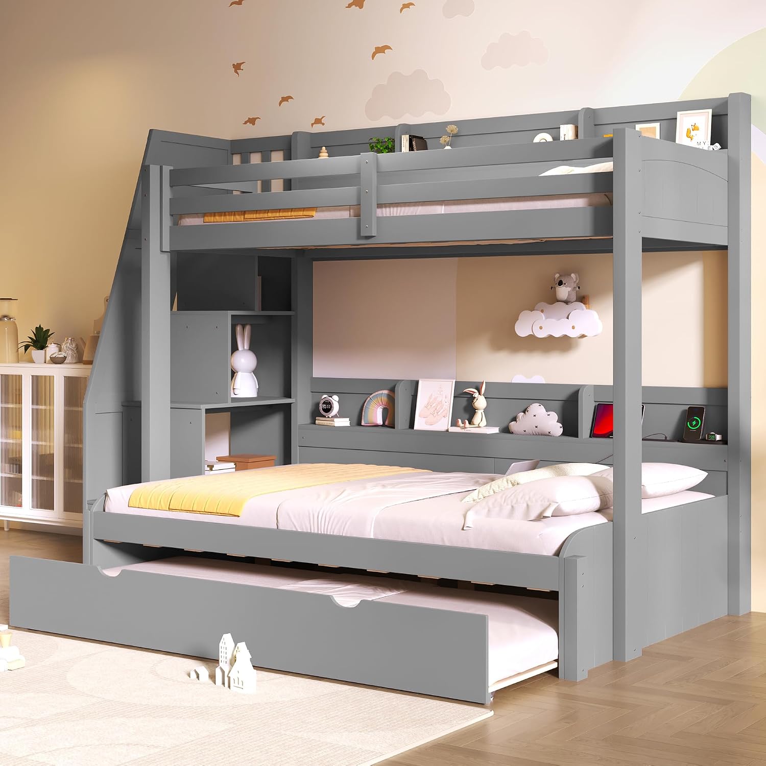 Bellemave Full Over Full Bunk Beds with Stairs Stairway Bunk Bed Frame with Storage Shelves for Teens Adult, Detachable Wood Full Bunk Bed, Gray