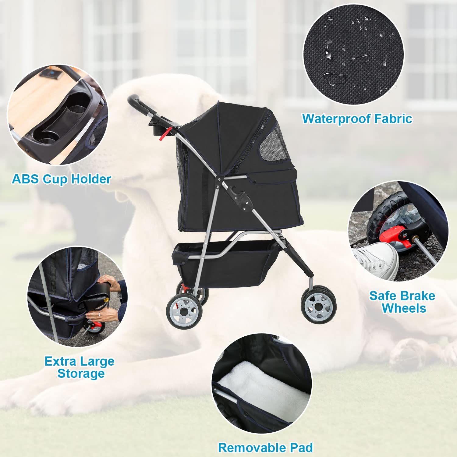 BestPet | 4-Wheel Foldable Pet Stroller | Black | Lightweight & Portable | Travel Carrier with Mesh Windows, Storage Basket, Cup Holder, Safety Brakes, and Waterproof Fabric | For Small Dogs and Cats