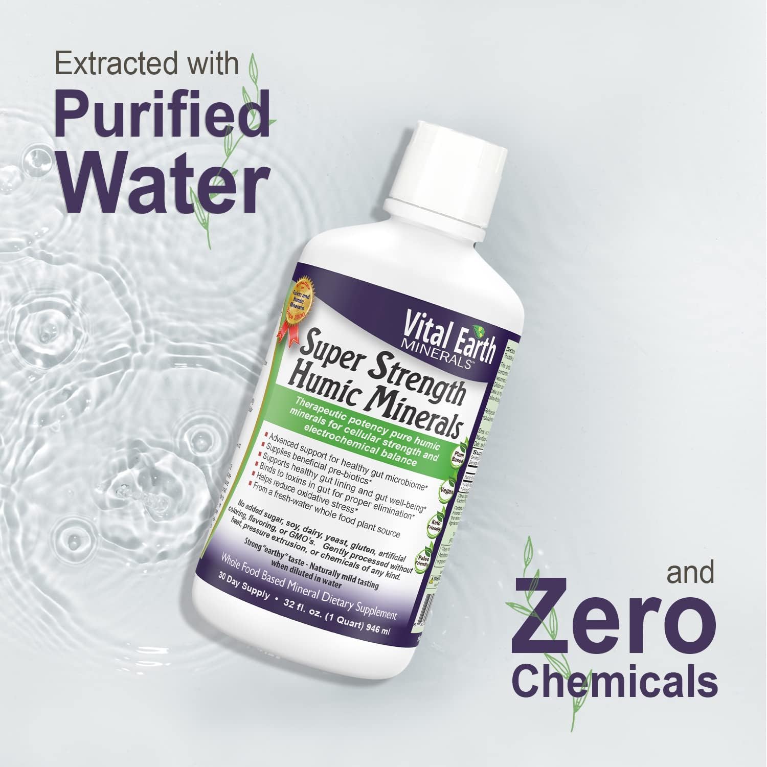 Vital Earth Minerals Super Strength Humic Minerals – Fulvic Acid Supplement with 70+ Trace Minerals, Electrolytes for Detox & Digestion, 32 Oz + 1 Oz Cup