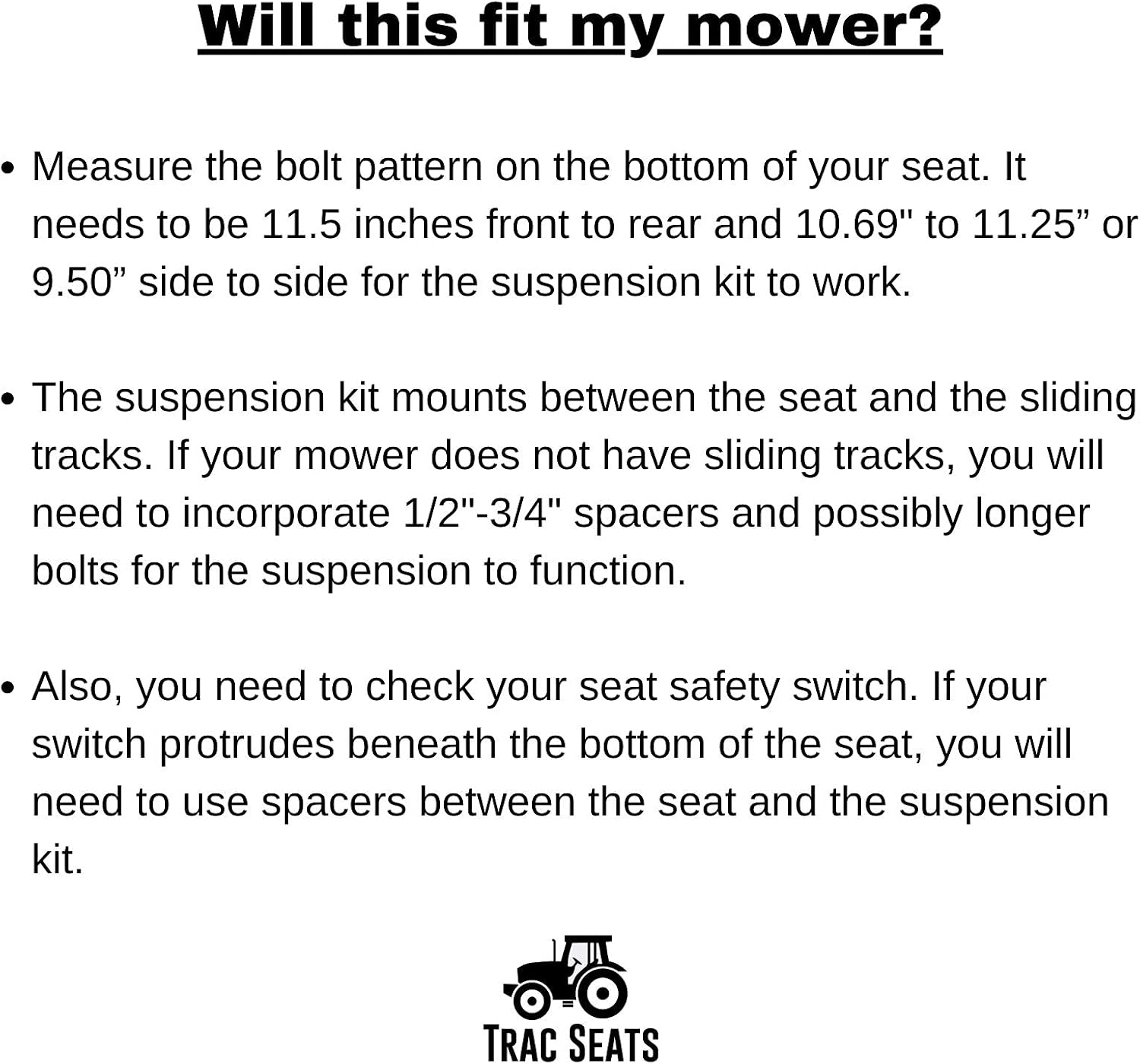 TRAC SEATS® Made in USA Seat Suspension Kit for Zero Turn Lawn Mower Tractor, Skid Steer, Forklift - Fits John Deere, Hustler, Exmark, Kubota