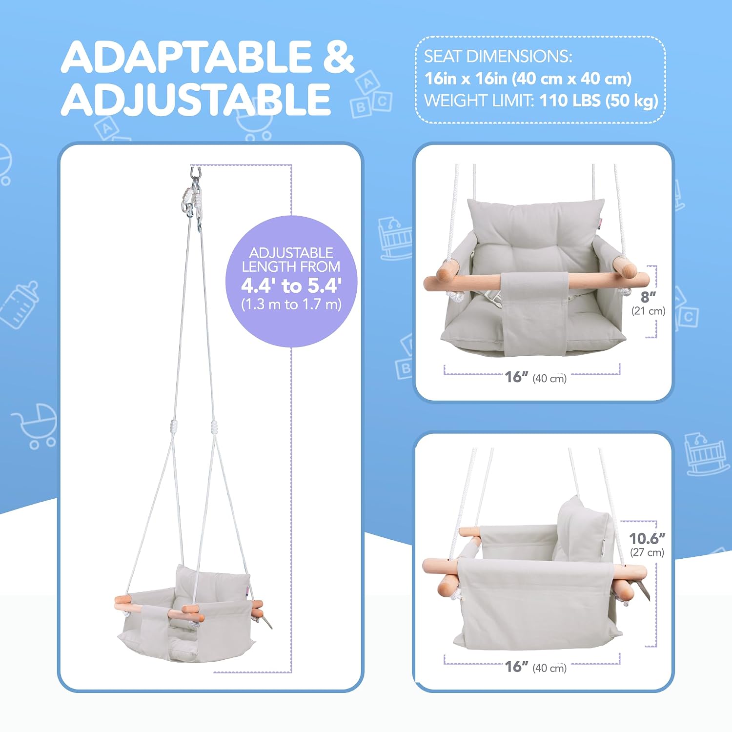 CaTeam Canvas Baby Swing Seat with 5-Point Safety Belt — Wooden Hanging Toddler Swing, Indoor & Outdoor, Ages 1-4, Ceiling Mount Hardware Included