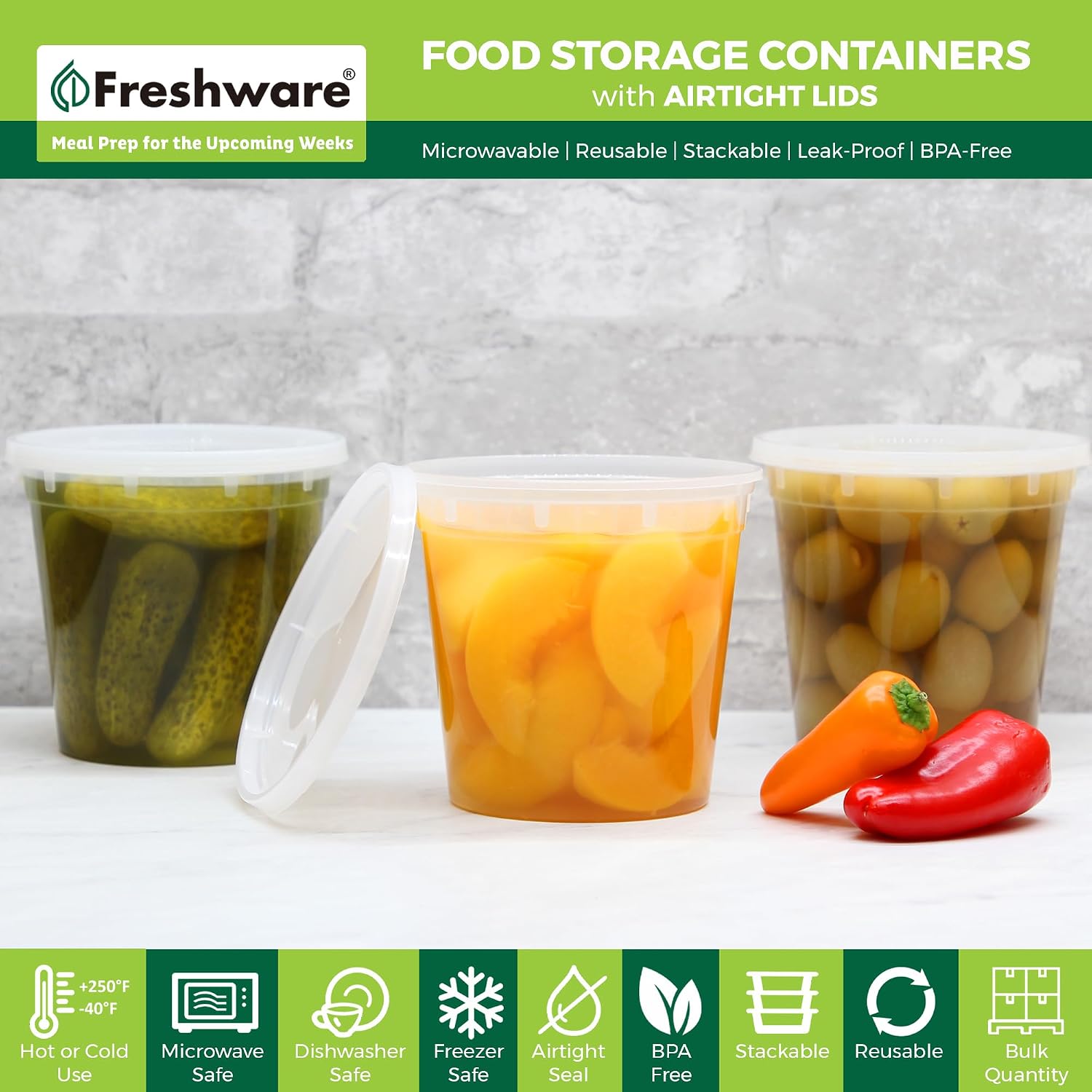 Freshware Food Storage Containers [24 Set] 32 oz Plastic Deli Containers with Lids, Slime, Soup, Meal Prep Containers | BPA Free | Stackable | Leakproof | Microwave/Dishwasher/Freezer Safe