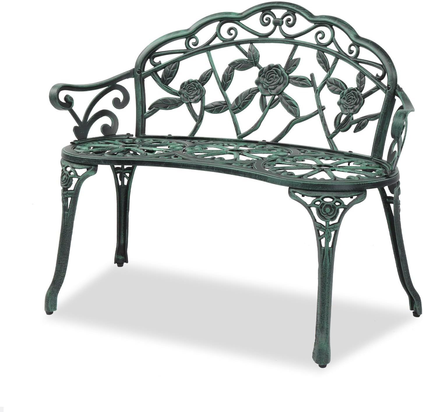 VINGLI 38.5" Patio Park Garden Outdoor Metal Rose Bench, 2-Person Cast Iron Cast Aluminium Frame Antique Finish Chair,Accented Lawn Front Porch Path Yard Decor Deck Furniture (Bronze, Rose)