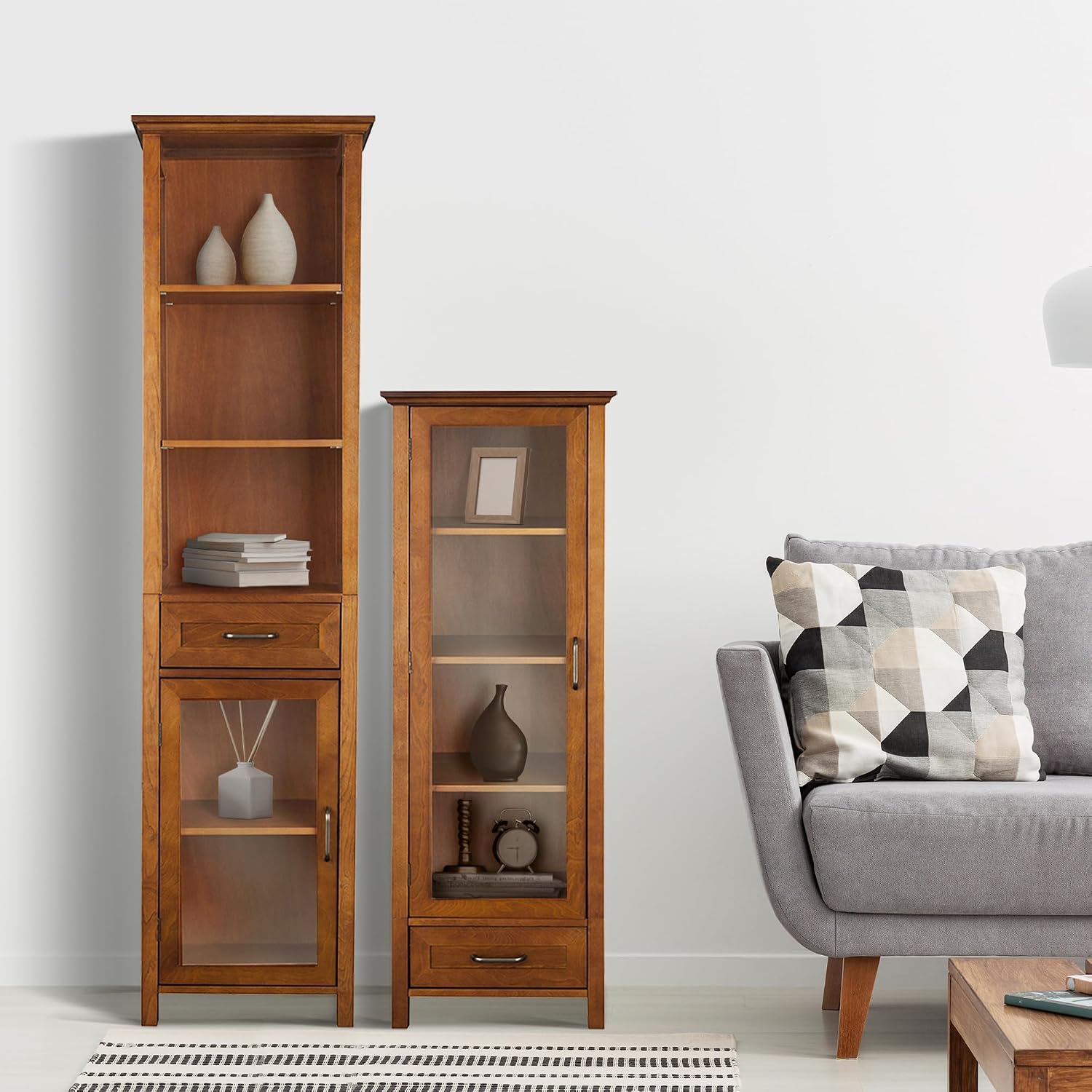 Teamson Home Avery Wooden Bathroom Linen Tower Cabinet with 1 Drawer 3 Adjustable Interior Shelves and 6 Storage Spaces, Oiled Oak