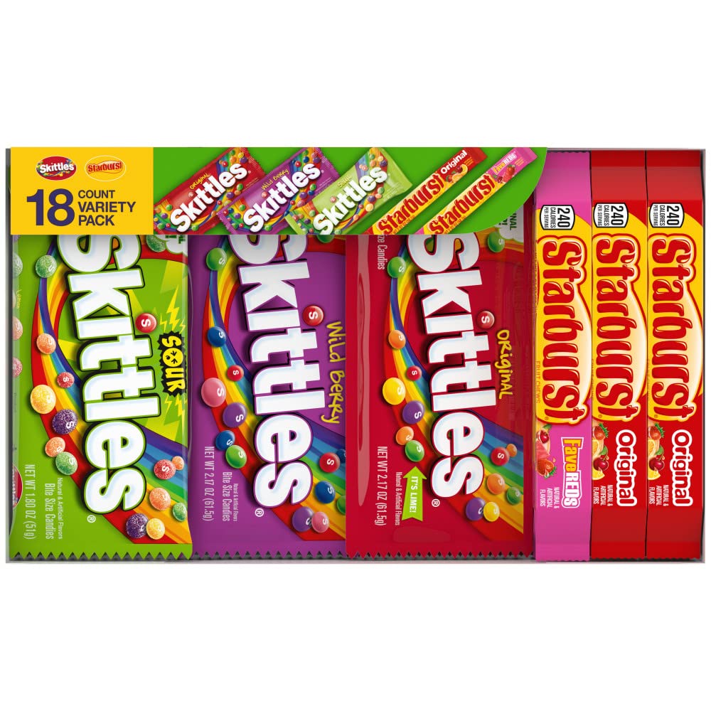 SKITTLES & STARBURST Assorted Candy Variety Pack Bulk Box 18 Count 37.05 oz | Everyday snacking, snack box, mix candy assortment bulk candy fruity candies bulk box for fundraising, snacking, road trips