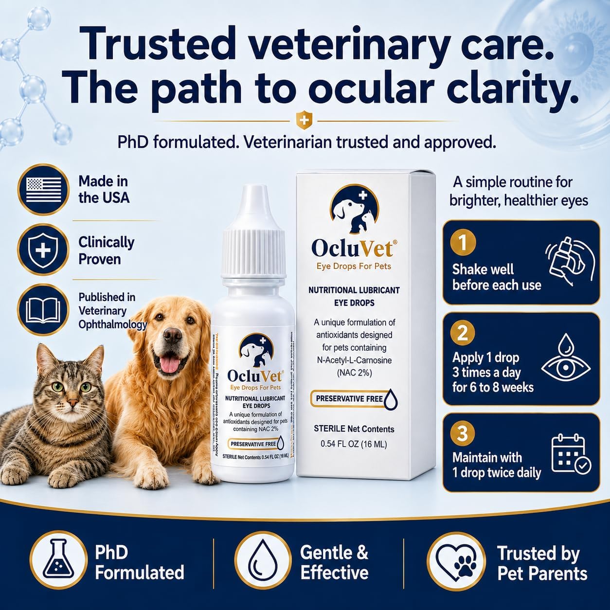 Pet Eye Drops for Dogs & Cats, 2% NAC, 16 mL | Preservative-free antioxidant formula with 2% N-Acetyl-L-Carnosine supports eye comfort and clarity