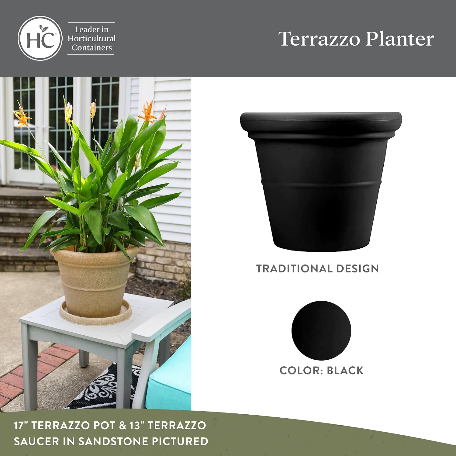 The HC Companies Terrazzo Large Round Plastic Plant Pot w/Rolled Rim - Lightweight & UV Resistant Gardening Pot for Herbs & More - Outdoor & Indoor Plant Pots w/Drainage (17” Black)