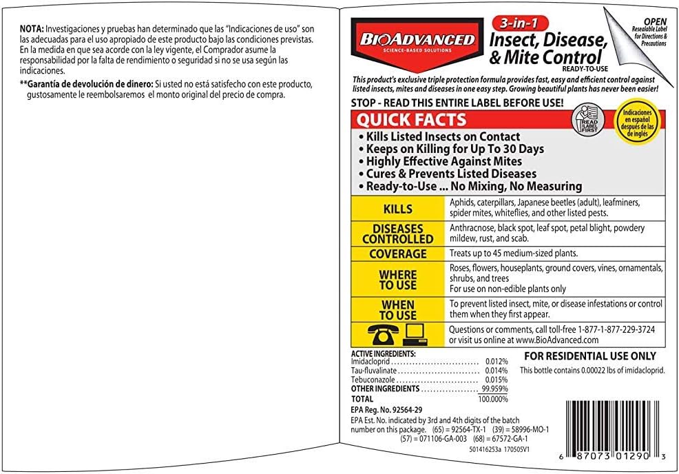 BioAdvanced 3-in-1 Insect, Disease, and Mite Control Spray - 24 fl oz | Insecticide, Fungicide & Miticide - Ready-to-Use - Prevents Pests and Diseases - Up to 30 Days Protection Bottle