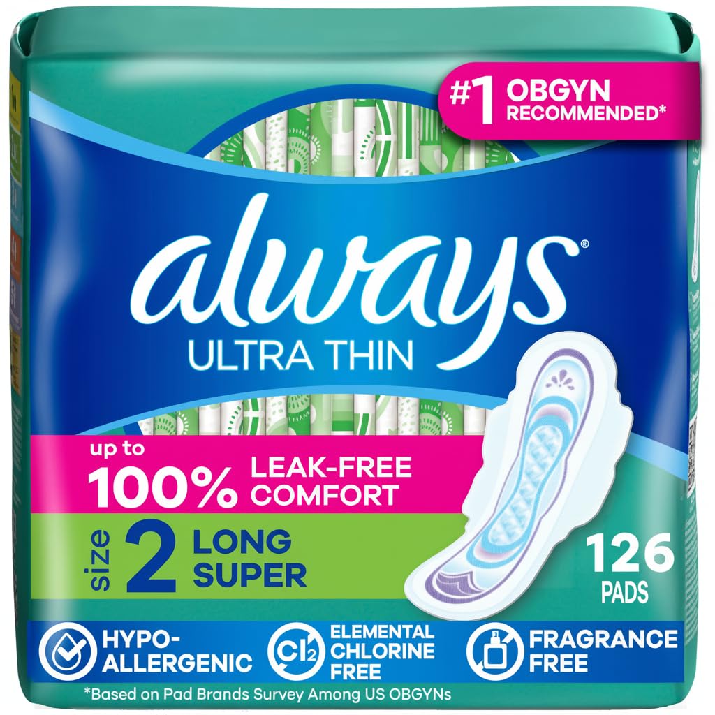 Always Ultra Thin Feminine Pads with Wings for Women, Size 2, Long Super Absorbency, Unscented, Up to 100% Leak-Free Protection, 58 Count