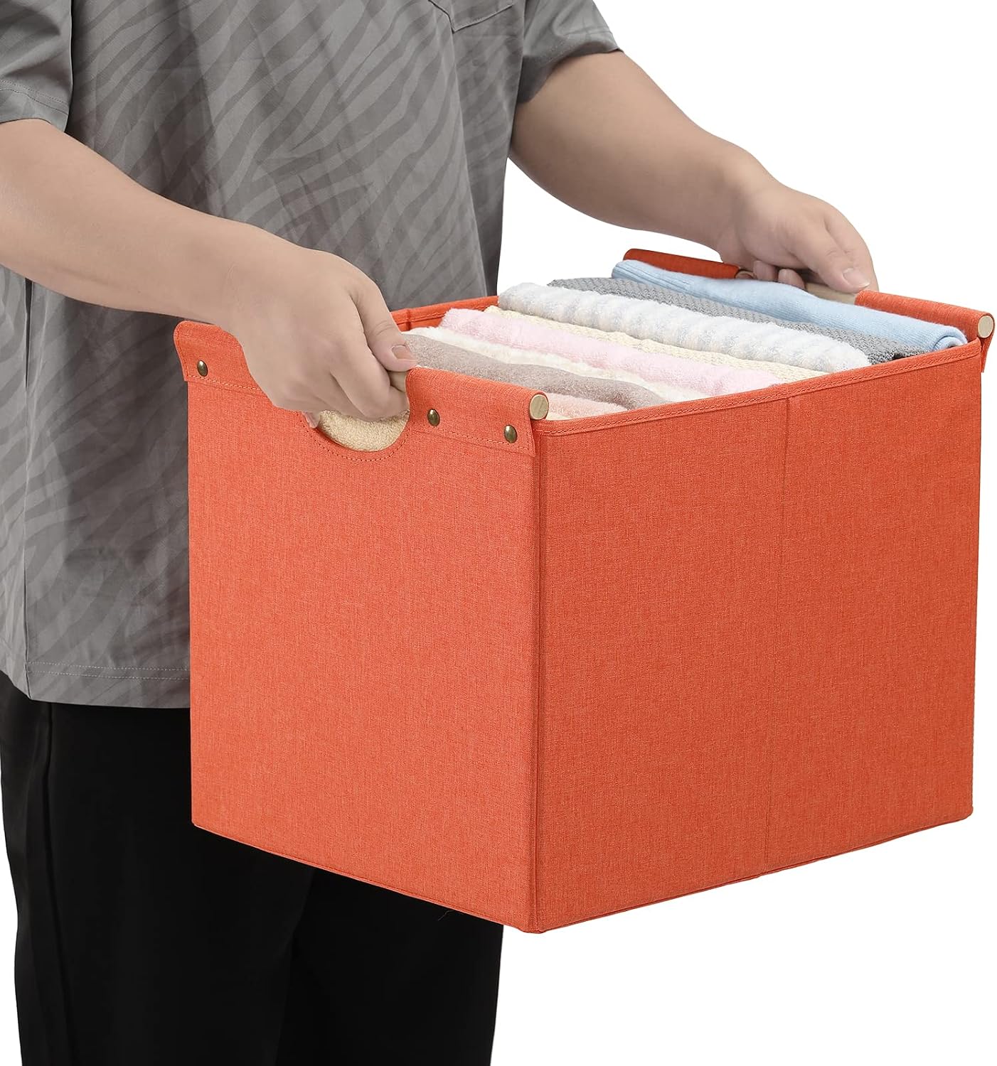 HOONEX Large Collapsible Storage Bins, Linen Fabric, 2 Pack, Storage Baskets with Wooden Carry Handles and Sturdy Heavy Cardboard, for Home, Office