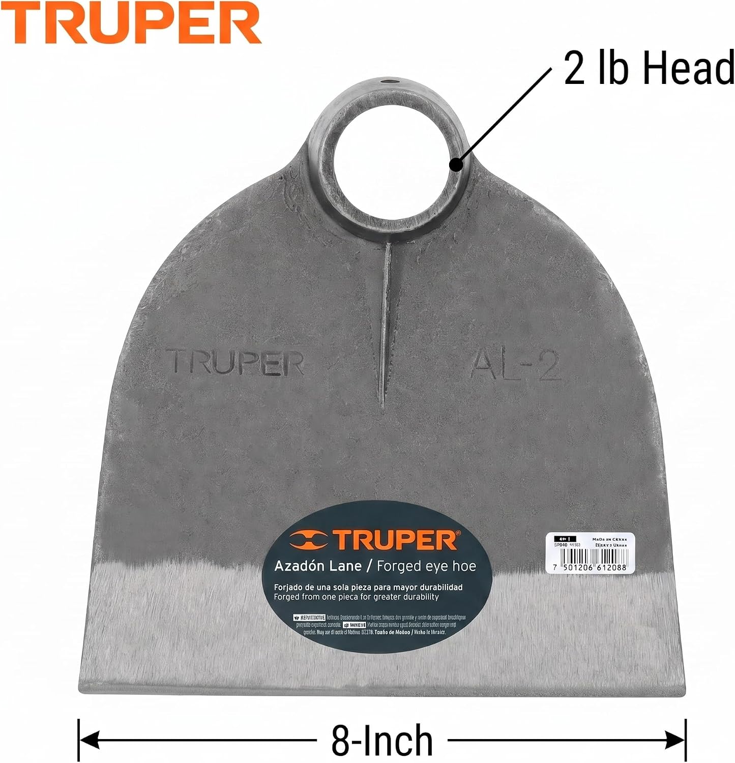 Truper Lane No. 2 Field Hoe Head, 2 lb Forged Steel, Heavy-Duty Replacement Hoe Head for Agriculture and Landscaping (Model AL-2/10606)