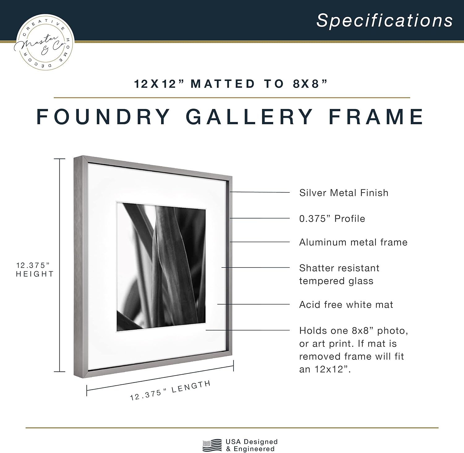 MCS Master & Co. Foundry Metal 12x12 Matted Picture Frame with 8x8 Photo Display