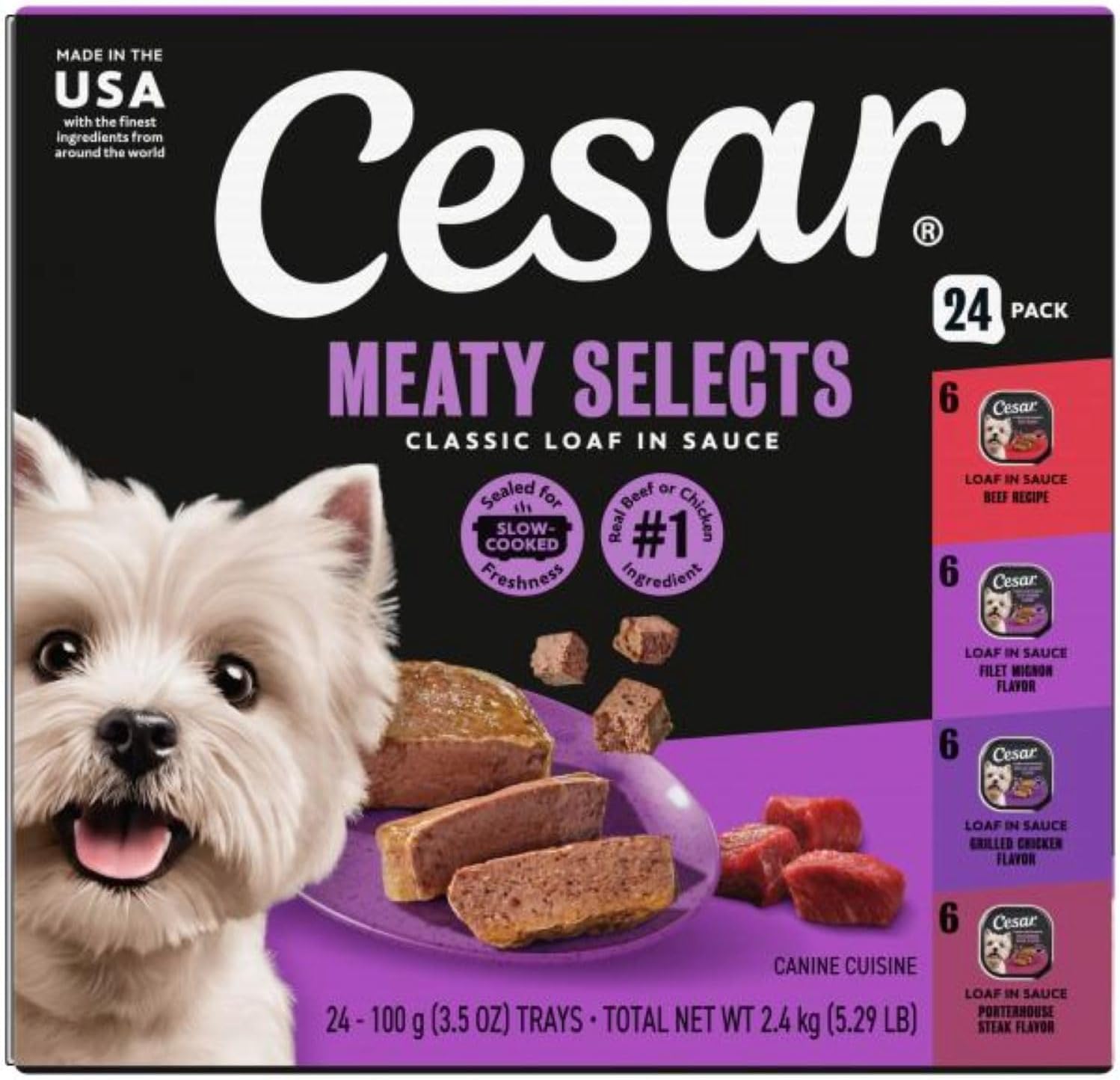 Cesar Classic Loaf Wet Dog Food, Meaty Selects, 3.5 oz, 12 Count, 2-Pack | Made in USA, Filet Mignon & Porterhouse Steak flavors, real beef #1 ingredient, no artificial flavors, easy peel trays