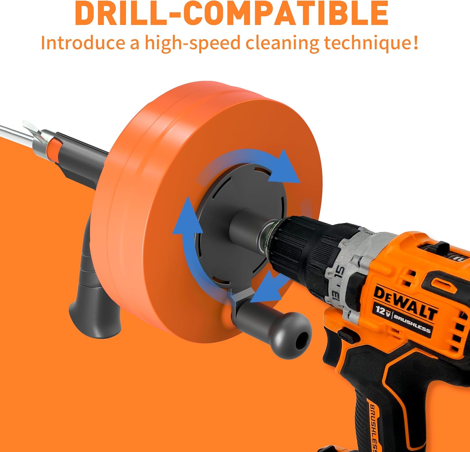 BACOENG 25Ft Drain Auger, Heavy Duty Plumbing Snake with Drill Adapter, Use Manually or Powered for Drain Clog, Shower Sink, Comes with Gloves and Bag (Orange)