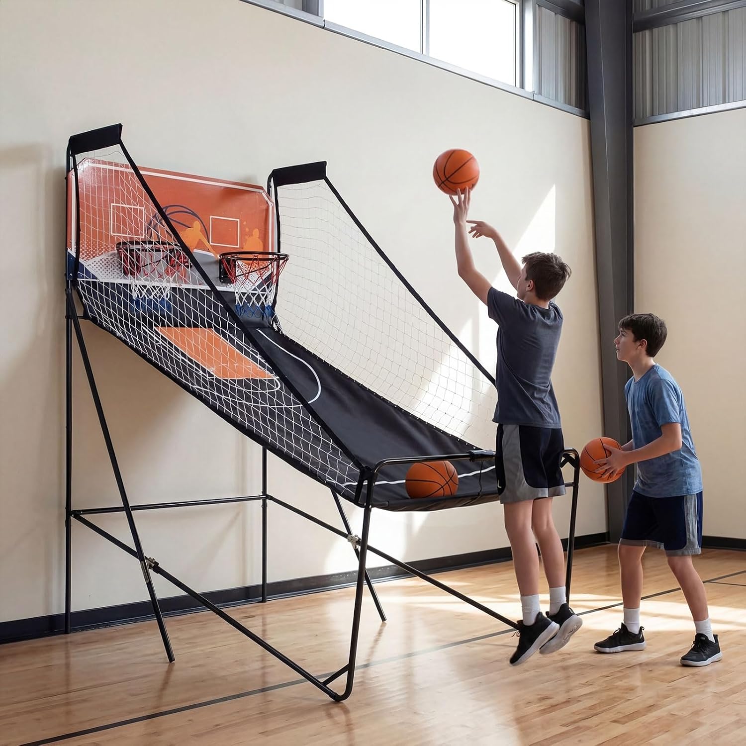 GYMAX Arcade Basketball Game Indoor Foldable with 8 Game Modes, Arcade Sound, 4 Balls and Inflation Pump, Electronic Basketball Games for All Ages Home