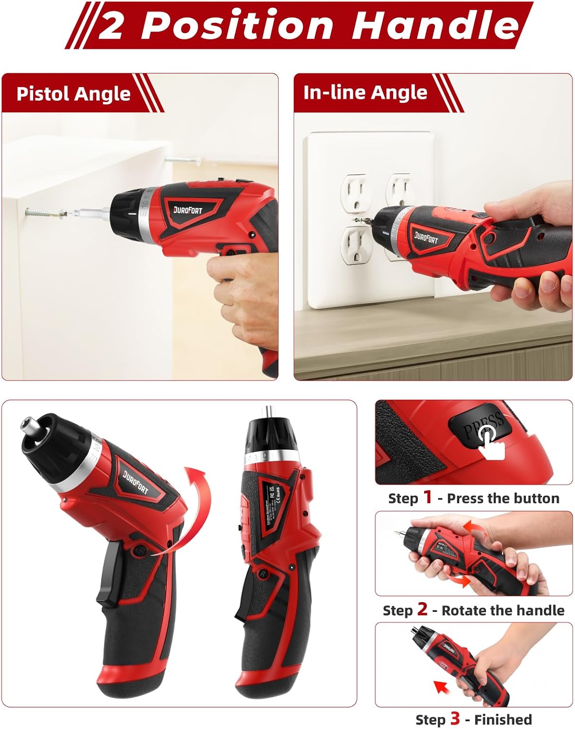Cordless Electric Screwdriver Set, 8V 10Nm Rechargeable Power Electric Drill, Battery Screw Gun with Driver Bit, 320RPM/10+1 Torque, 2 Position Handle, Flexible Shaft LED Light (Red, 28Pcs)
