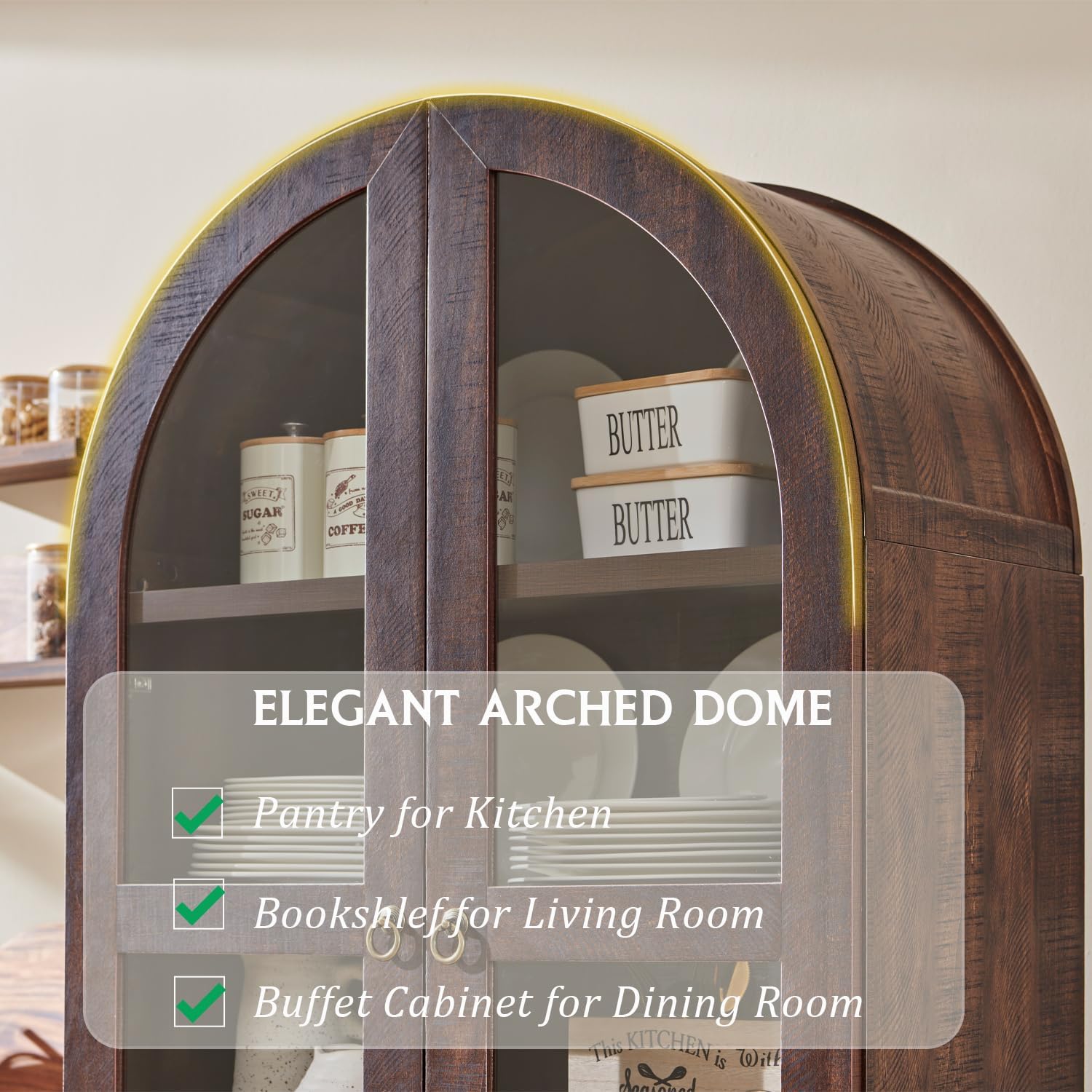 IFGET 71" Tall Arched Kitchen Pantry, Modern Farmhouse Wood Kitchens Storage Cabinets with 2 Large Drawers and Adjustable Shelves, Versatile Cupboard for Kitchen, Dining Room, Bathroom, Natrual