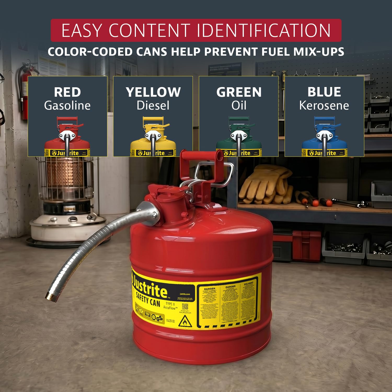 Justrite Type II Gasoline Safety Can, Red Galvanized Steel, FM Approved | Flammable Liquid Storage Can with Controlled Pouring, 5 Gallon Capacity