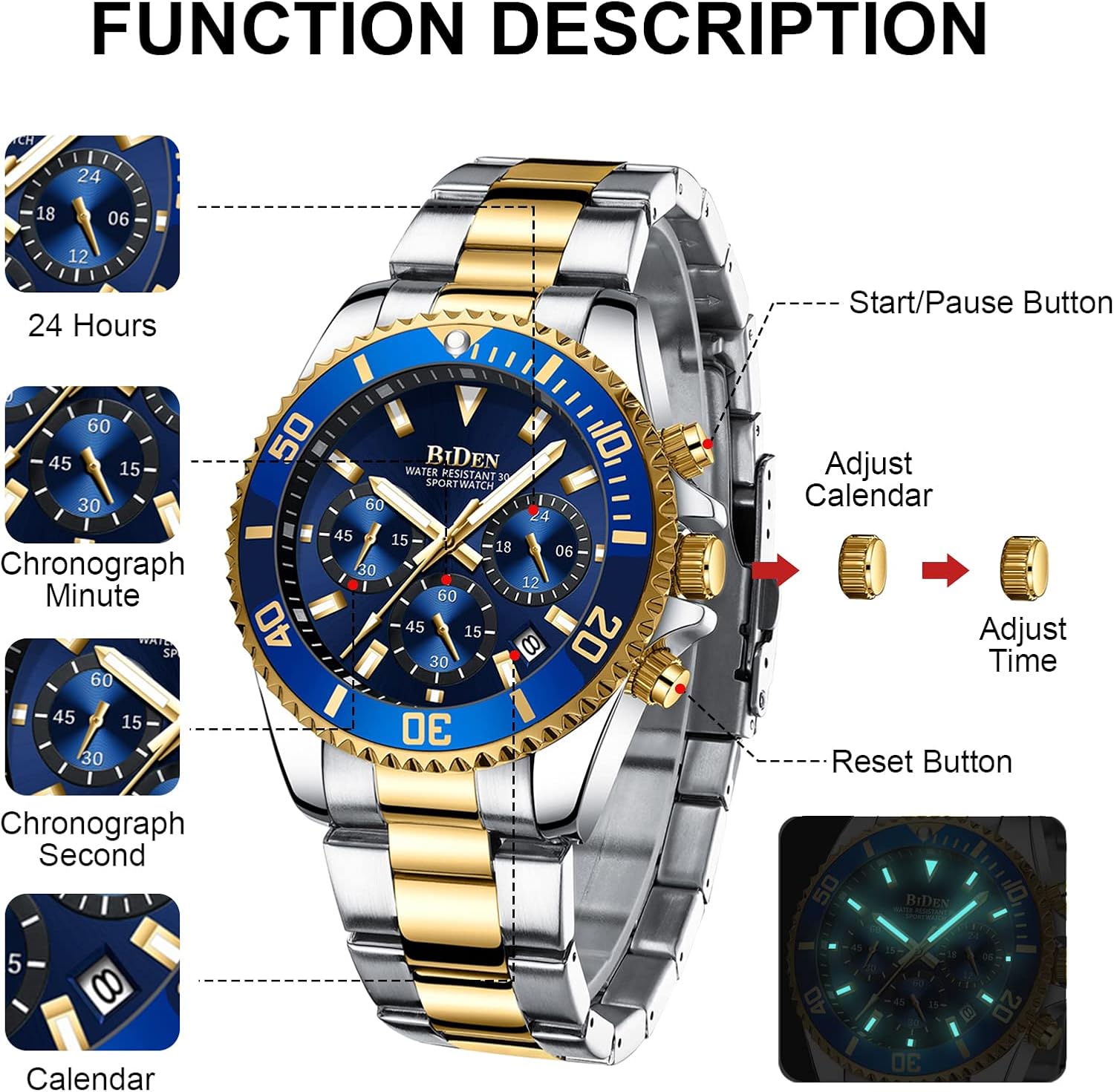 BIDEN Mens Watches Chronograph Gold Blue Stainless Steel Waterproof Date Analog Quartz Watch Business Casual Fashion Wrist Watches for Men