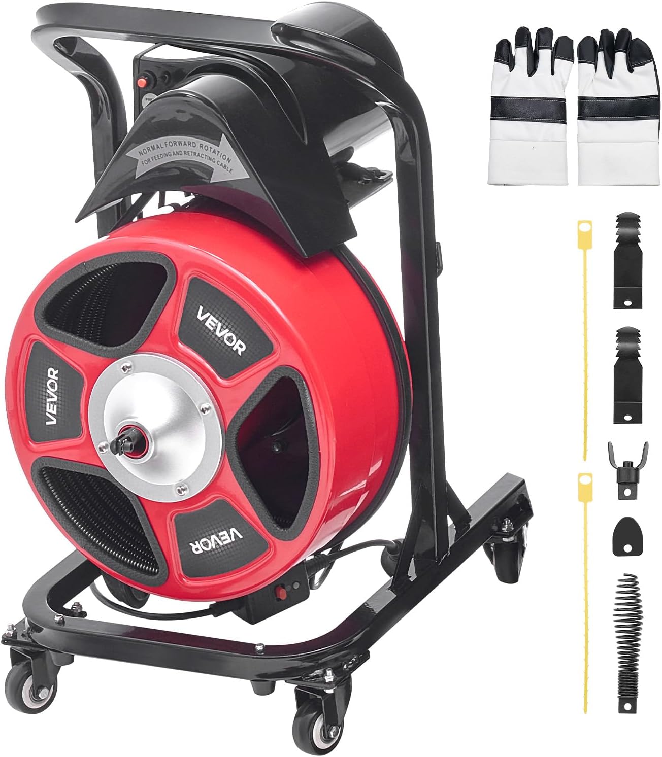 VEVOR Drain Cleaner Machine 75 FT x 3/8 Inch, Auto Feed Sewer Snake Auger on Wheels, Portable Drain Cleaning Machine with 4 Cutters & Air-activated Foot Switch for 2" to 4" Pipes