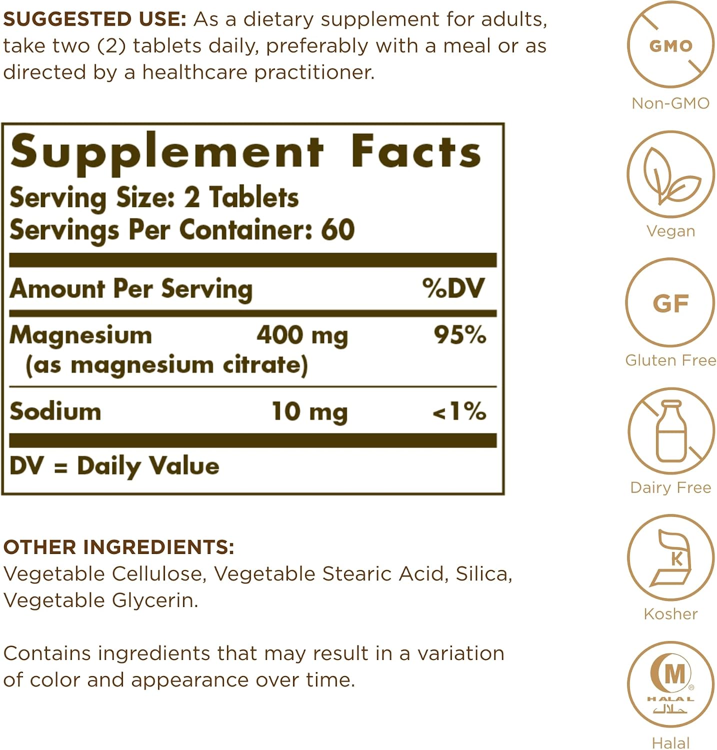 Solgar Magnesium Citrate - 120 Tablets, Pack of 2 - Promotes Healthy Bones, Supports Nerve & Muscle Function - Highly Absorbable - Non-GMO, Vegan, Gluten Free, Kosher - 120 Total Servings