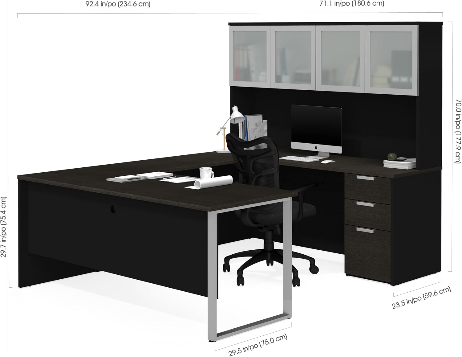 Bestar Pro-Concept Plus U-Shaped Executive Desk with Pedestal and Frosted Glass Doors Hutch