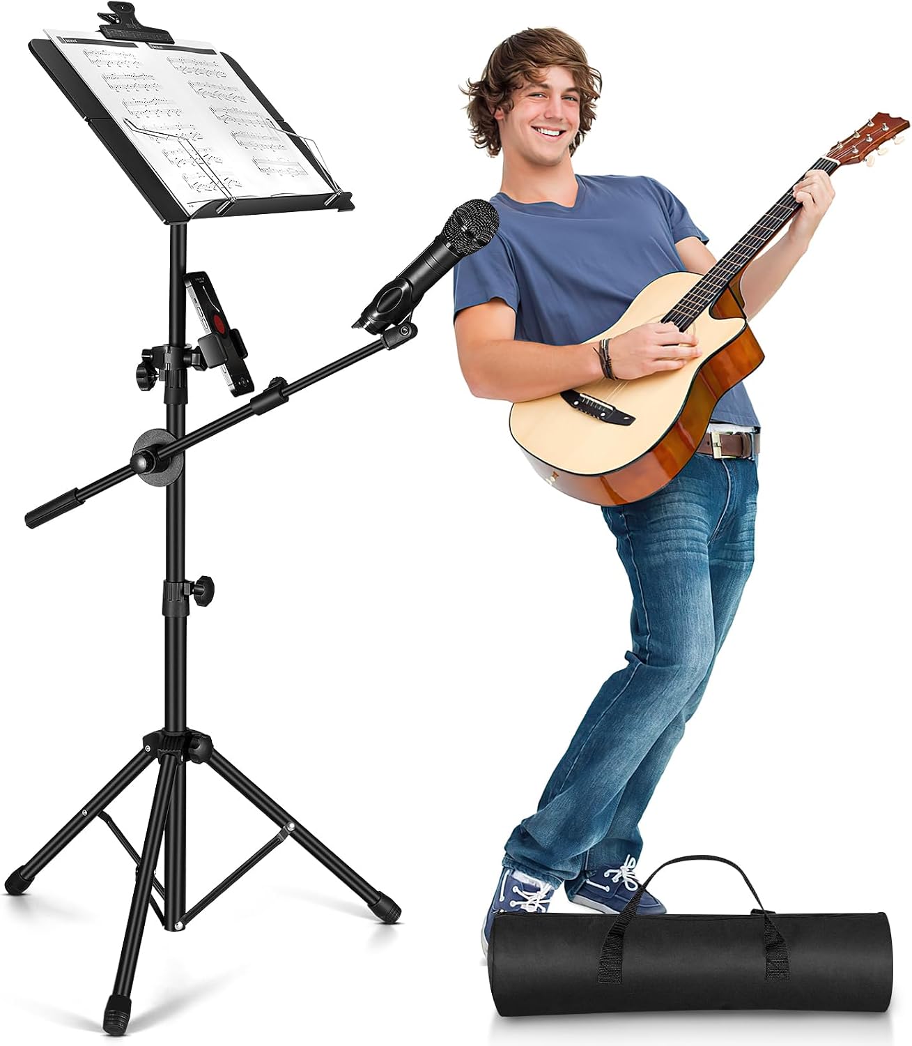 Music Stand, Vangoa Folding Sheet Music Stand with Detachable Microphone Stand & Phone Holder, Portable Lightweight with Music Sheet Clip Holder & Carrying Bag for Instrumental Performance