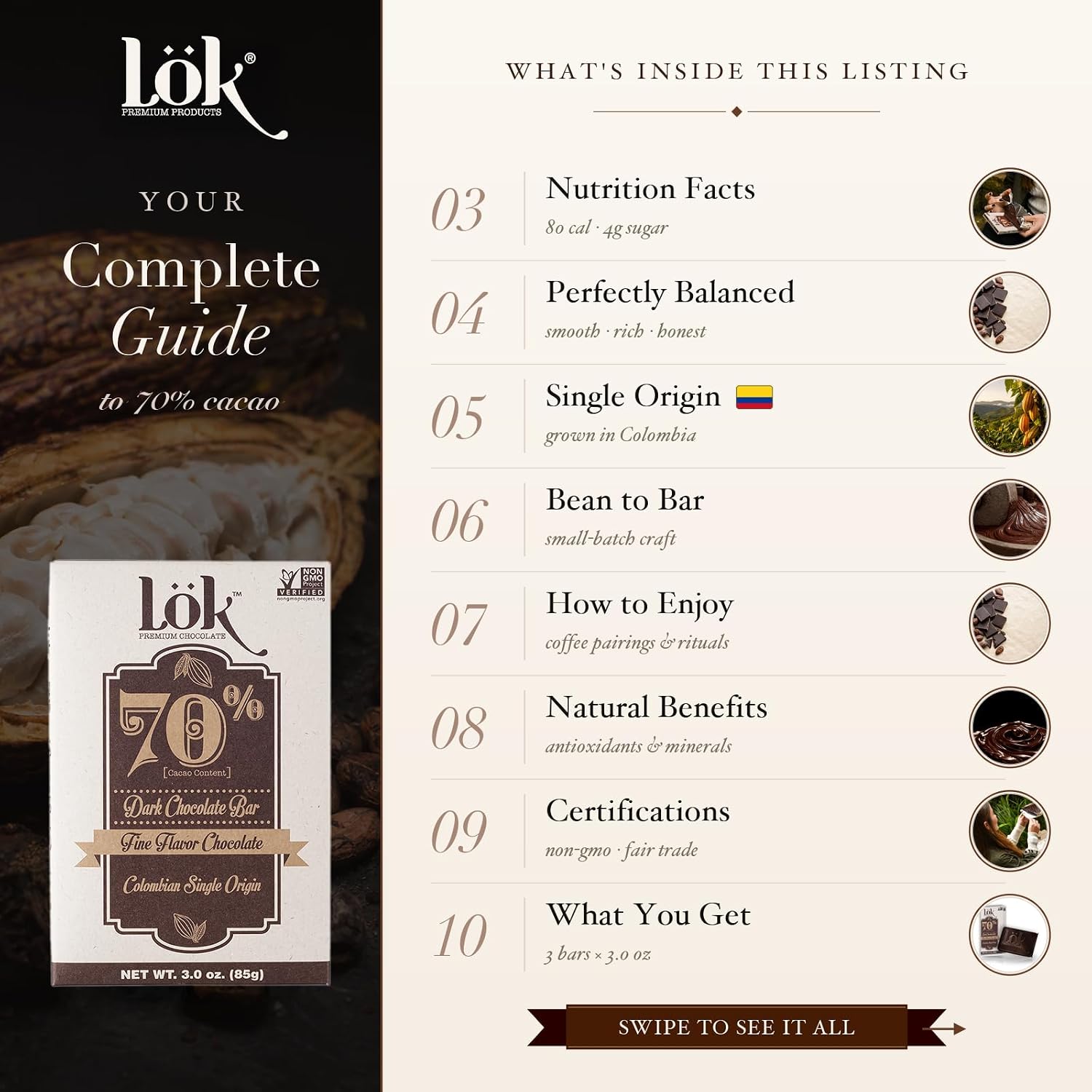 Lök Foods Dark Chocolate Bar 100% Cacao | Fair Trade, Kosher, Gluten Free, Vegan, Bean-to-Bar, Sugar-Free, No Sugar Alcohol, No Artificial Sweetener